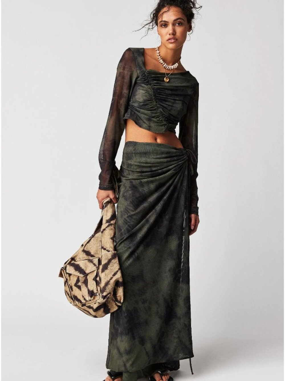 Free People Supernova Set Maxi Wrap Skirt & Crop top Mesh Olive Green Swirl XS